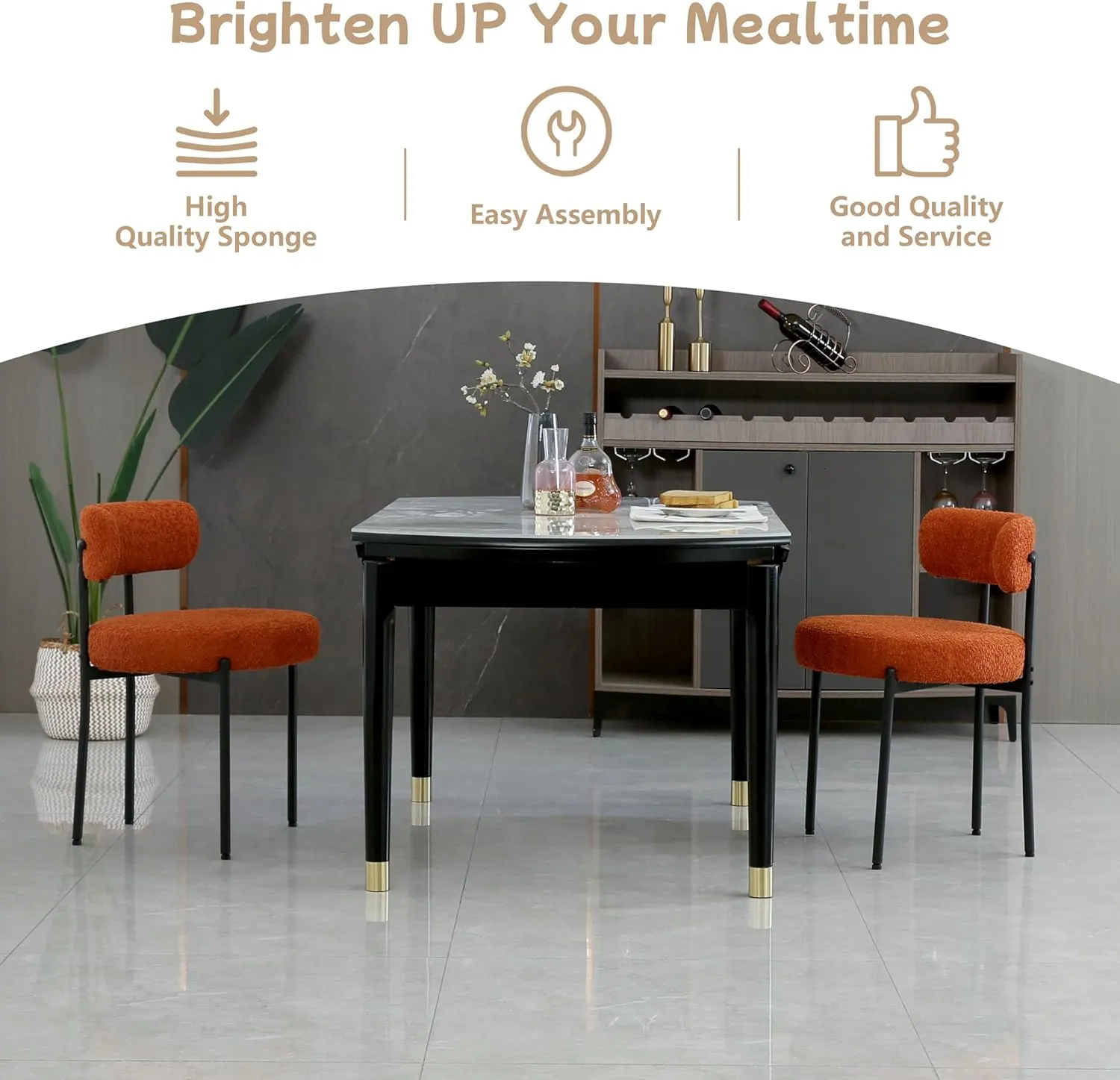 Orange Dining Chairs Set of 2 Round Upholstered Boucle Dining Room Chairs Mid-Century Modern Kitchen Chairs Curved Backrest for Dining Room Black Metal Legs