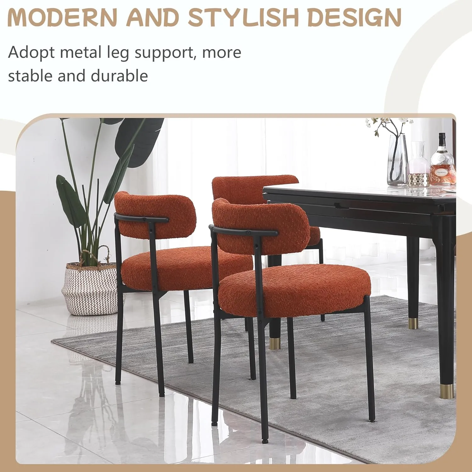 Orange Dining Chairs Set of 2 Round Upholstered Boucle Dining Room Chairs Mid-Century Modern Kitchen Chairs Curved Backrest for Dining Room Black Metal Legs