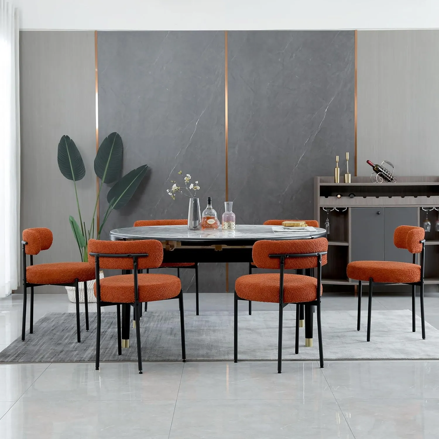 Orange Dining Chairs Set of 2 Round Upholstered Boucle Dining Room Chairs Mid-Century Modern Kitchen Chairs Curved Backrest for Dining Room Black Metal Legs