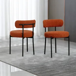 Orange Dining Chairs Set of 2 Round Upholstered Boucle Dining Room Chairs Mid-Century Modern Kitchen Chairs Curved Backrest for Dining Room Black Metal Legs