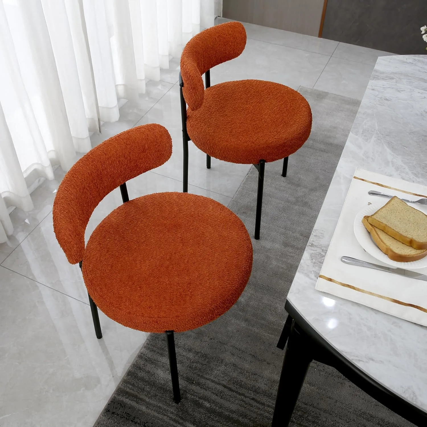Orange Dining Chairs Set of 2 Round Upholstered Boucle Dining Room Chairs Mid-Century Modern Kitchen Chairs Curved Backrest for Dining Room Black Metal Legs