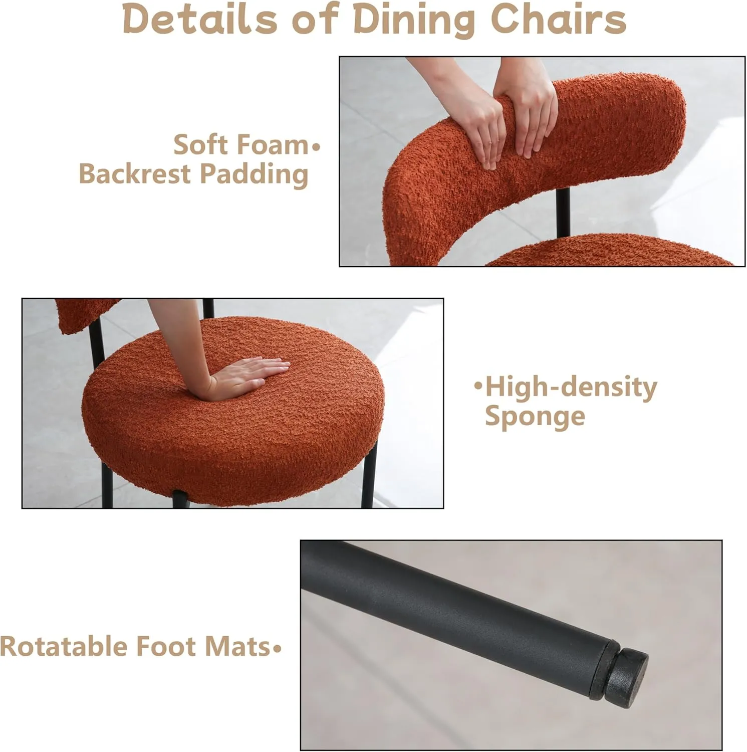 Orange Dining Chairs Set of 2 Round Upholstered Boucle Dining Room Chairs Mid-Century Modern Kitchen Chairs Curved Backrest for Dining Room Black Metal Legs