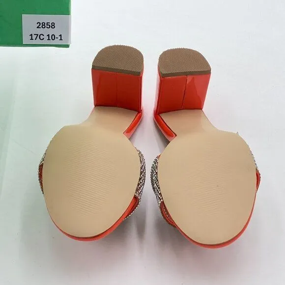 Orange Open Toe Rhinestones Mule Sandals Chunky Heel Slide Slipper Daily Shoes