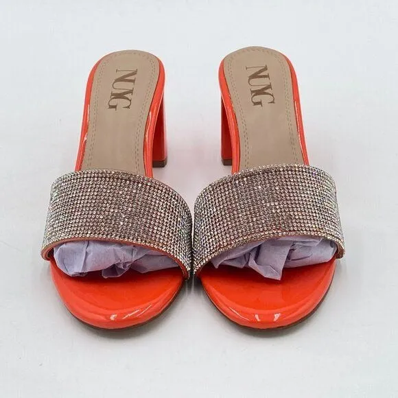 Orange Open Toe Rhinestones Mule Sandals Chunky Heel Slide Slipper Daily Shoes