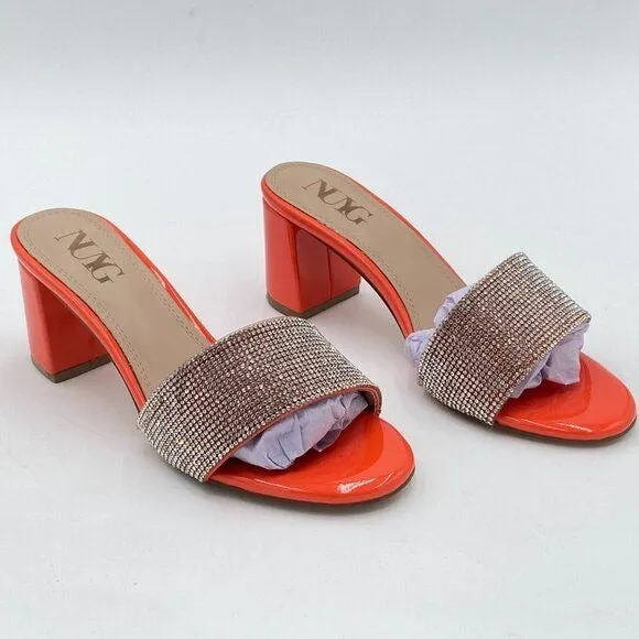 Orange Open Toe Rhinestones Mule Sandals Chunky Heel Slide Slipper Daily Shoes