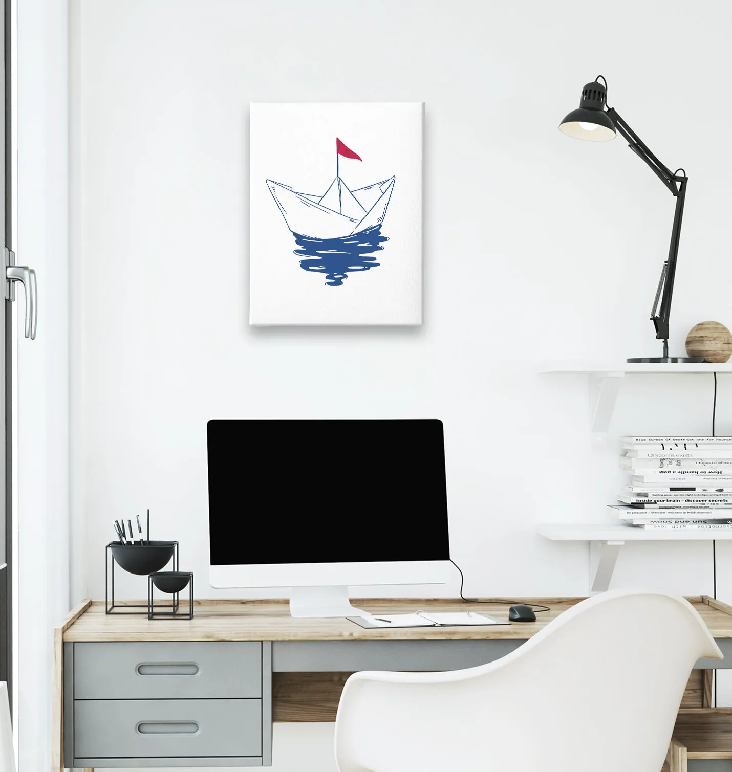 Paper Boat with a Red Flag White Canvas Wall Art 35x40cm