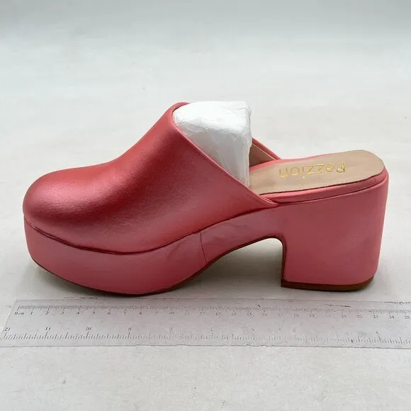 Pazzion Pink Thick Platform Round Toe Mule Clog Slip On Chunky High Heel Slipper