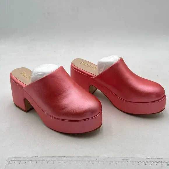 Pazzion Pink Thick Platform Round Toe Mule Clog Slip On Chunky High Heel Slipper