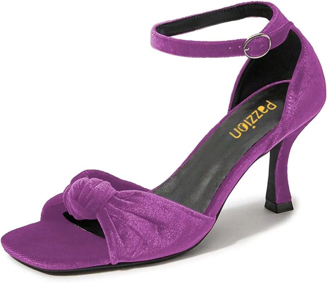 Pazzion Women's Graceful Bows Square Toe Sandals Soft Velvet High Heel Pump Adjustable Ankle Strap Buckled Sexy Prom Dress Shoes Size 4-16 US