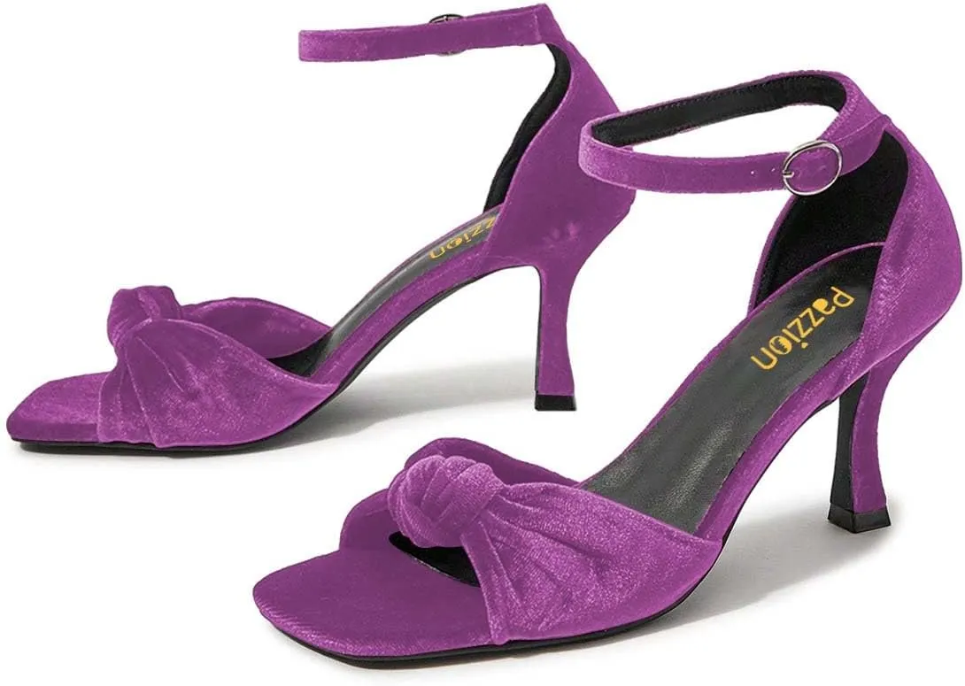 Pazzion Women's Graceful Bows Square Toe Sandals Soft Velvet High Heel Pump Adjustable Ankle Strap Buckled Sexy Prom Dress Shoes Size 4-16 US