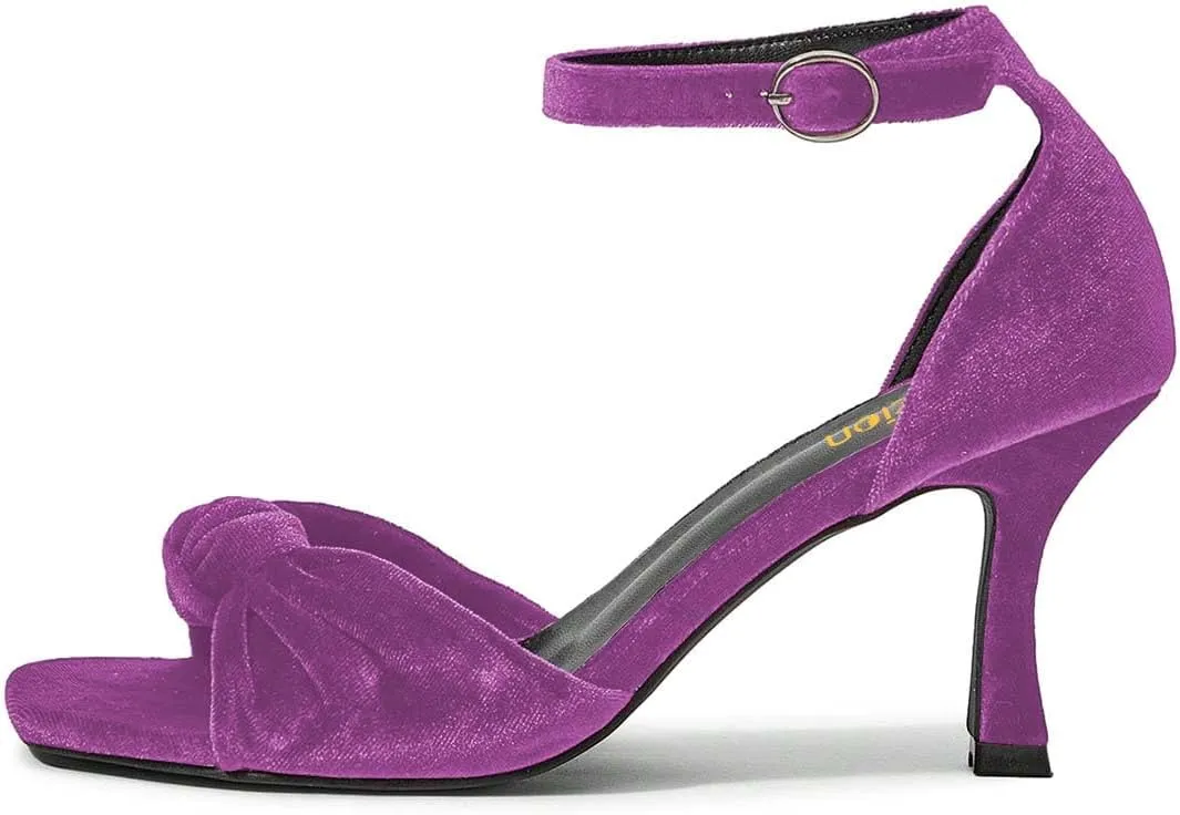 Pazzion Women's Graceful Bows Square Toe Sandals Soft Velvet High Heel Pump Adjustable Ankle Strap Buckled Sexy Prom Dress Shoes Size 4-16 US