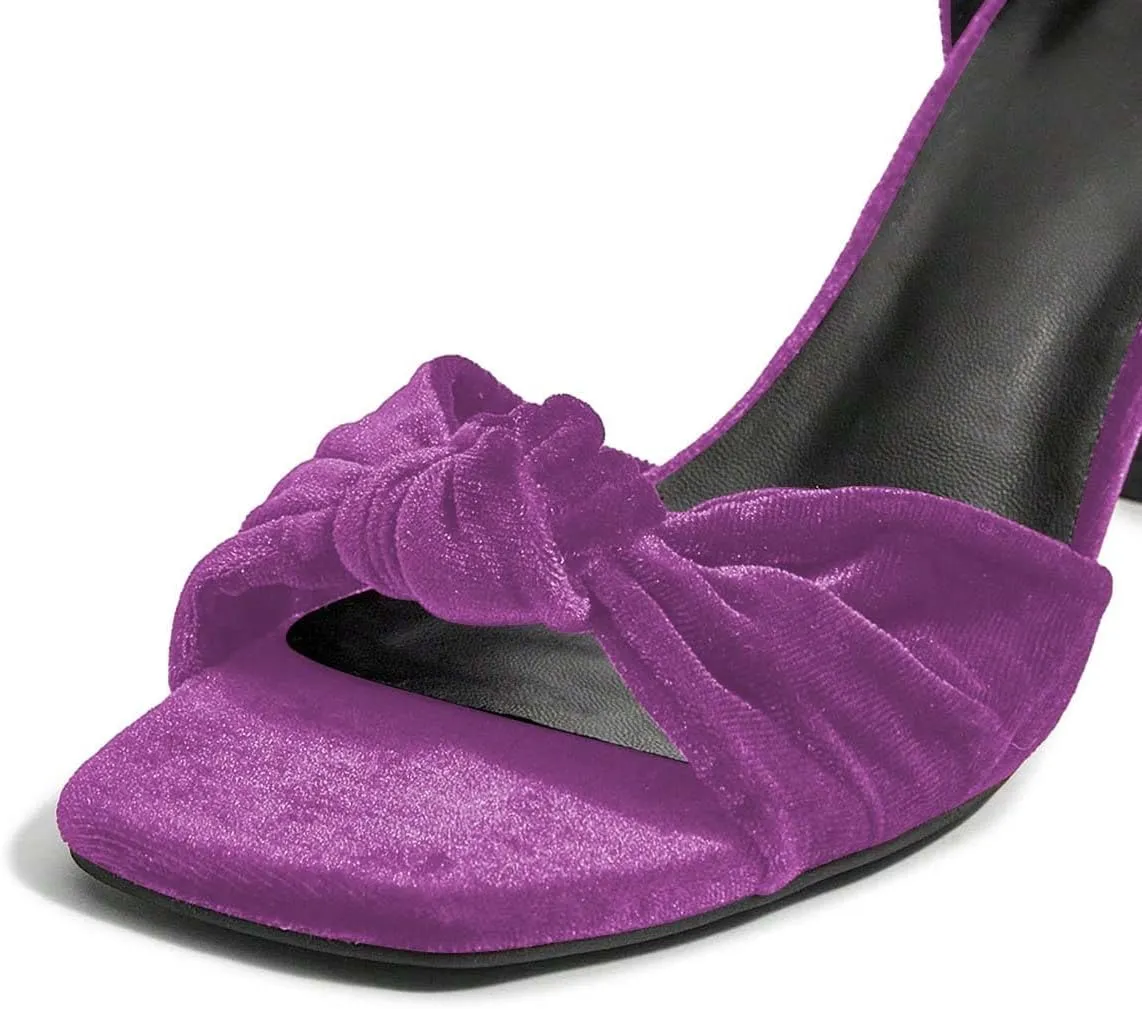 Pazzion Women's Graceful Bows Square Toe Sandals Soft Velvet High Heel Pump Adjustable Ankle Strap Buckled Sexy Prom Dress Shoes Size 4-16 US