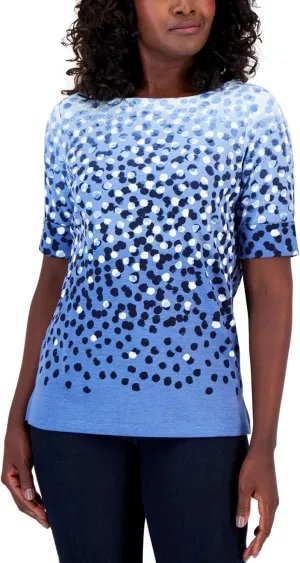 Petite Elbow Dot Parade Placement Boatneck Top Intrepid Blue PP