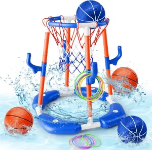 Pool Basketball Hoop, 2-in-1 Floating Pool Toys Ring Game with 4 Balls and Pump, Outdoor Swimming Pool Games for Kids Adults Water Basketball for Pool Basketball Games for Outdoor Indoor Play