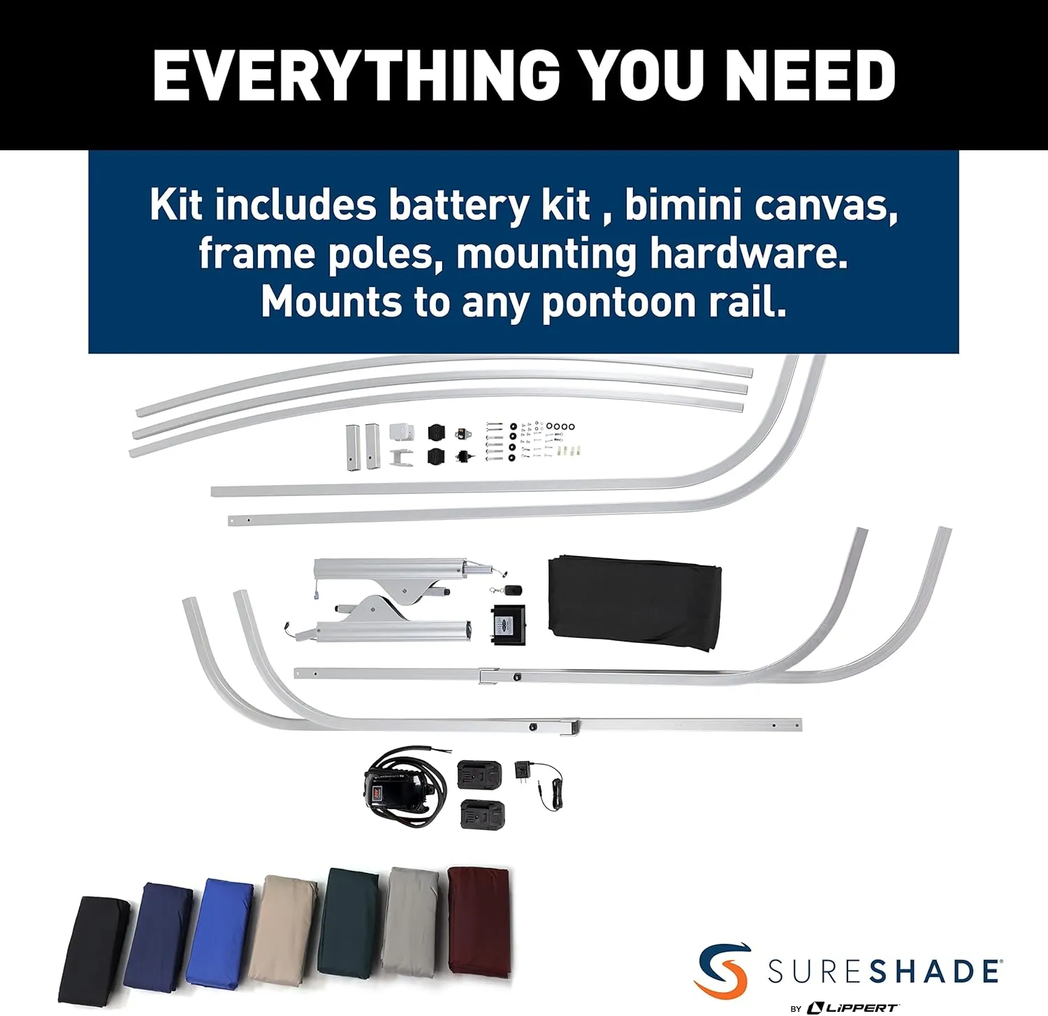 Power Bimini Electric Shade System for Pontoon Boats, 92-102" Wide, 20V Rechargeable Battery Powered or 12V Hardwired, 10' Fade-Resistant Fabric, Anodized Frame