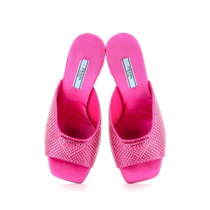 Prada Women's Triangle Logo Heeled Mule Sandals Crystal Embellished Satin