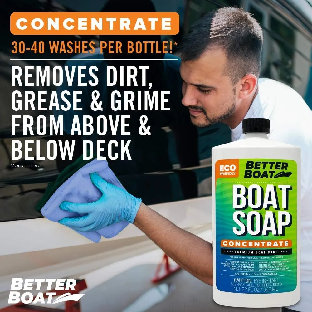Premium Grade Boat Soap, Marine Concentrate Cleaner, Wash and Wax for Freshwater and Saltwater Use, Cleans Fiberglass Boat Hulls, RVs, Marine Cleaning Supplies