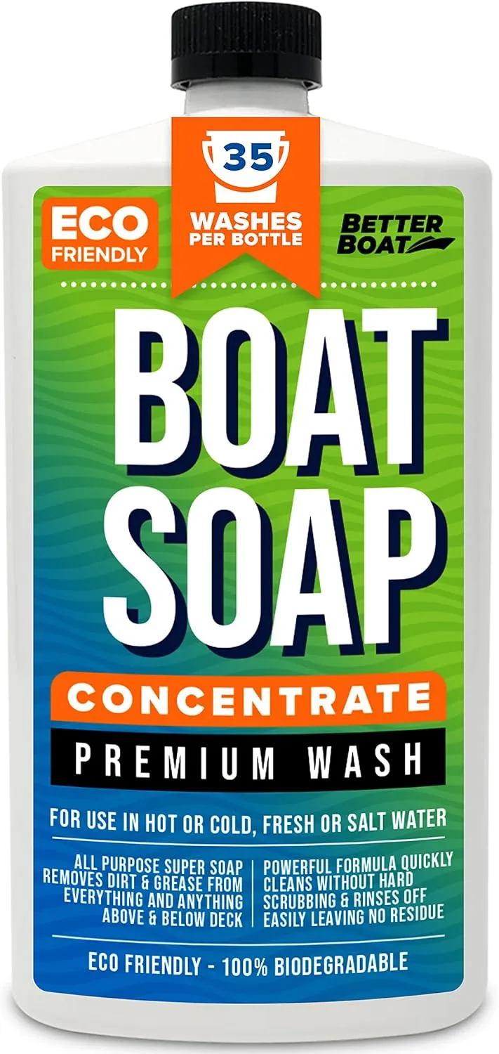 Premium Grade Boat Soap, Marine Concentrate Cleaner, Wash and Wax for Freshwater and Saltwater Use, Cleans Fiberglass Boat Hulls, RVs, Marine Cleaning Supplies