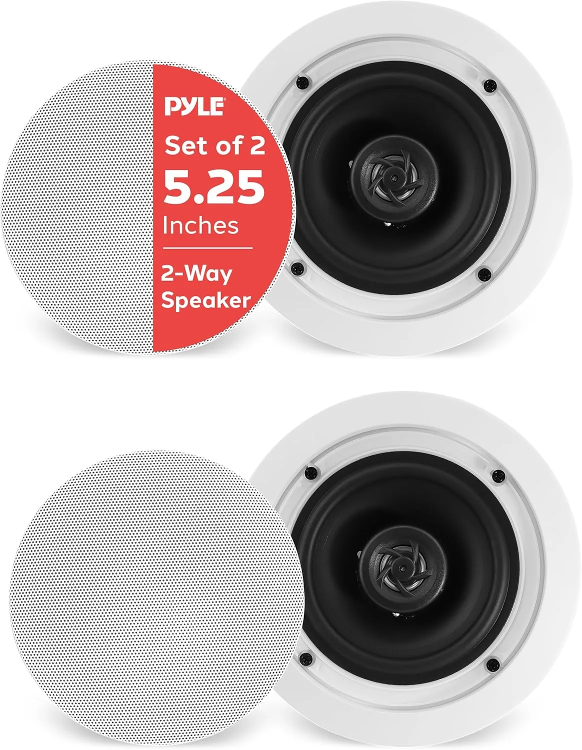Pyle Pair 5.25” Flush Mount in-Wall in-Ceiling 2-Way Home Speaker System Spring Loaded Quick Connections Dual Polypropylene Cone Polymer Tweeter Stereo Sound 150 Watts (PDIC1651RD) White
