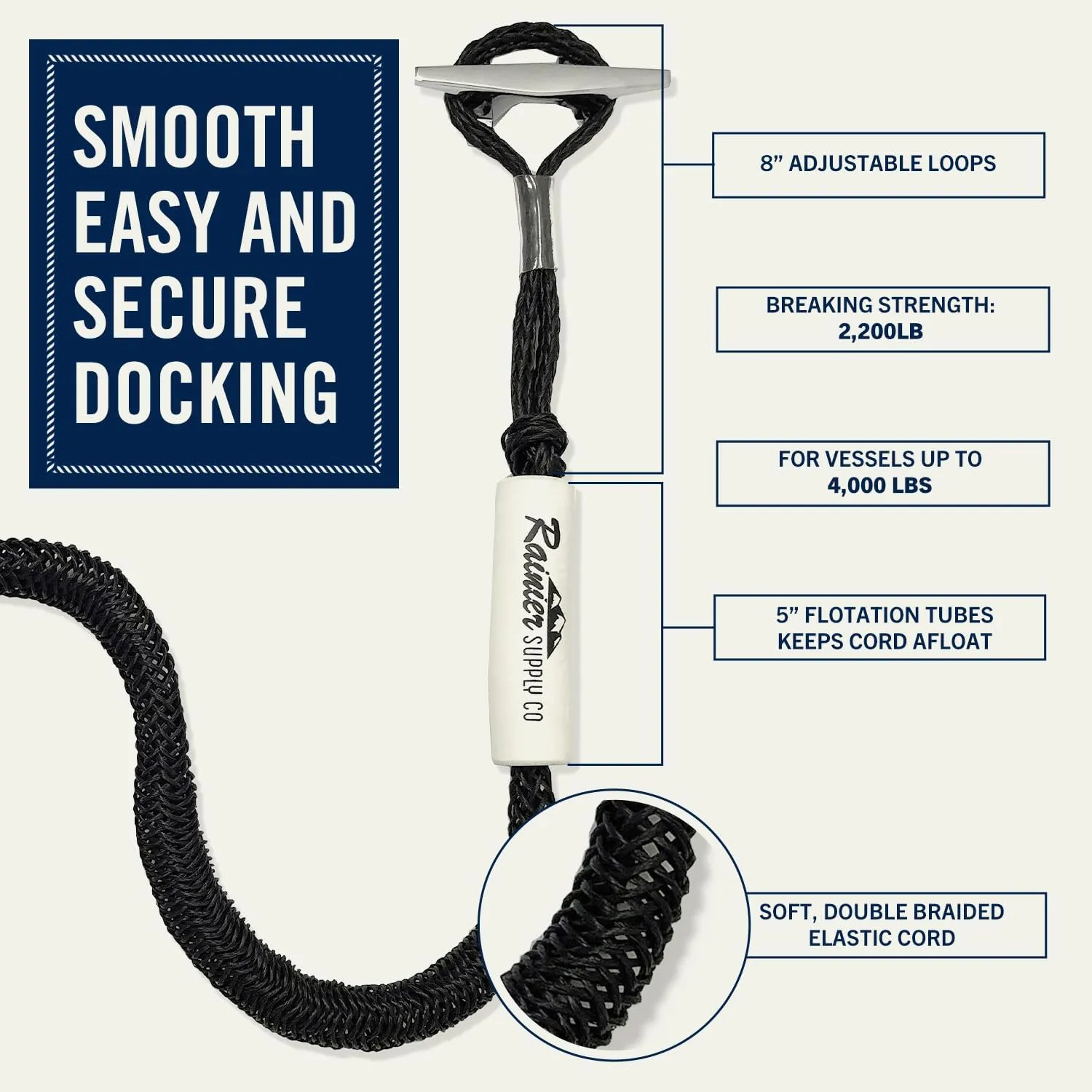 RainierSupplyCo Bungee Dock Line - 2 Pack Boat Dock Lines - 4-5.5ft, 5-7ft or 6-9ft Boating Ropes for Docking with Loop - Mooring Docklines and Boat Accessories for Pontoon, Jet Ski, Kayak, PWC