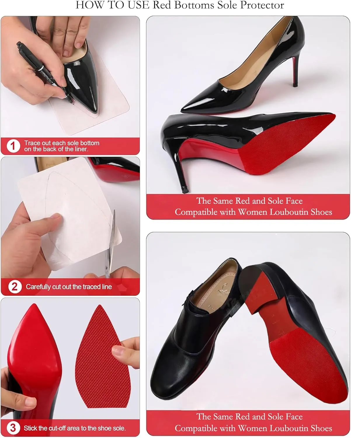 Red Bottom Shoe Protector Compatible with Christian Louboutin Women Shoes,Sole Guard,Self-Adhesive Red Bottoms Sole Protector for Womens High Heels(Size 6"x4.5" Texture Face 6Pcs)