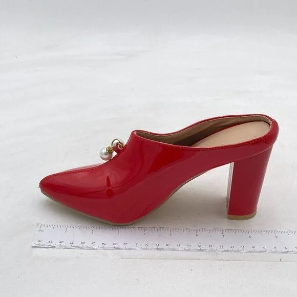 Red Pearl Casual Slip On Mule Chunky Heel Slide Slippers Pointed T Dress Loafers