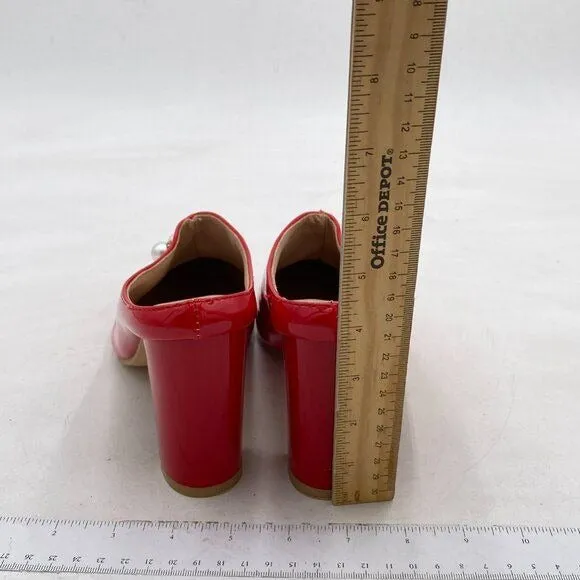 Red Pearl Casual Slip On Mule Chunky Heel Slide Slippers Pointed T Dress Loafers