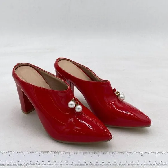 Red Pearl Casual Slip On Mule Chunky Heel Slide Slippers Pointed T Dress Loafers