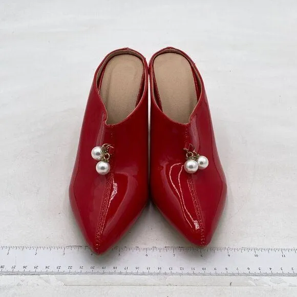 Red Pearl Casual Slip On Mule Chunky Heel Slide Slippers Pointed T Dress Loafers