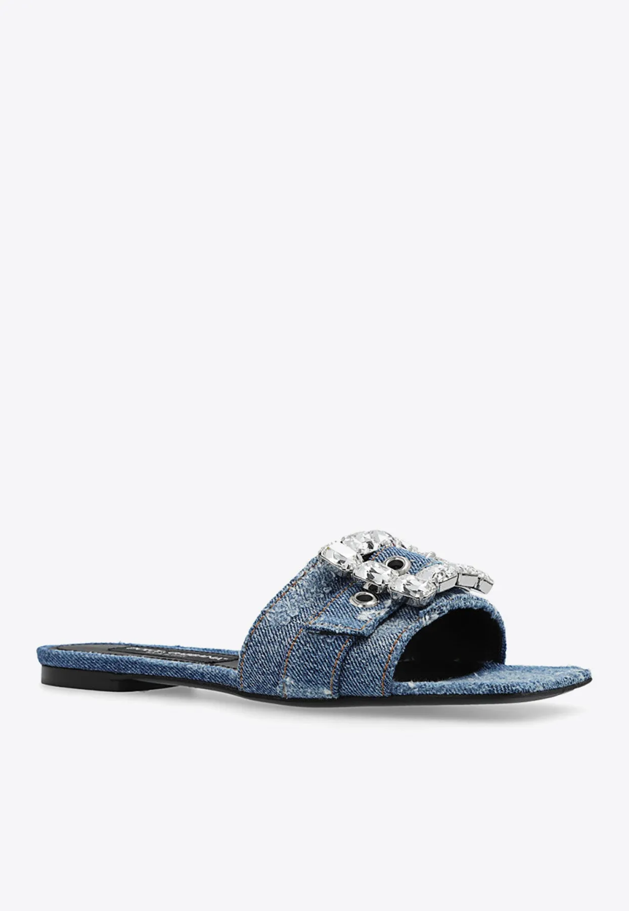 Rhinestone Embellished Patchwork Denim Flat Sandals