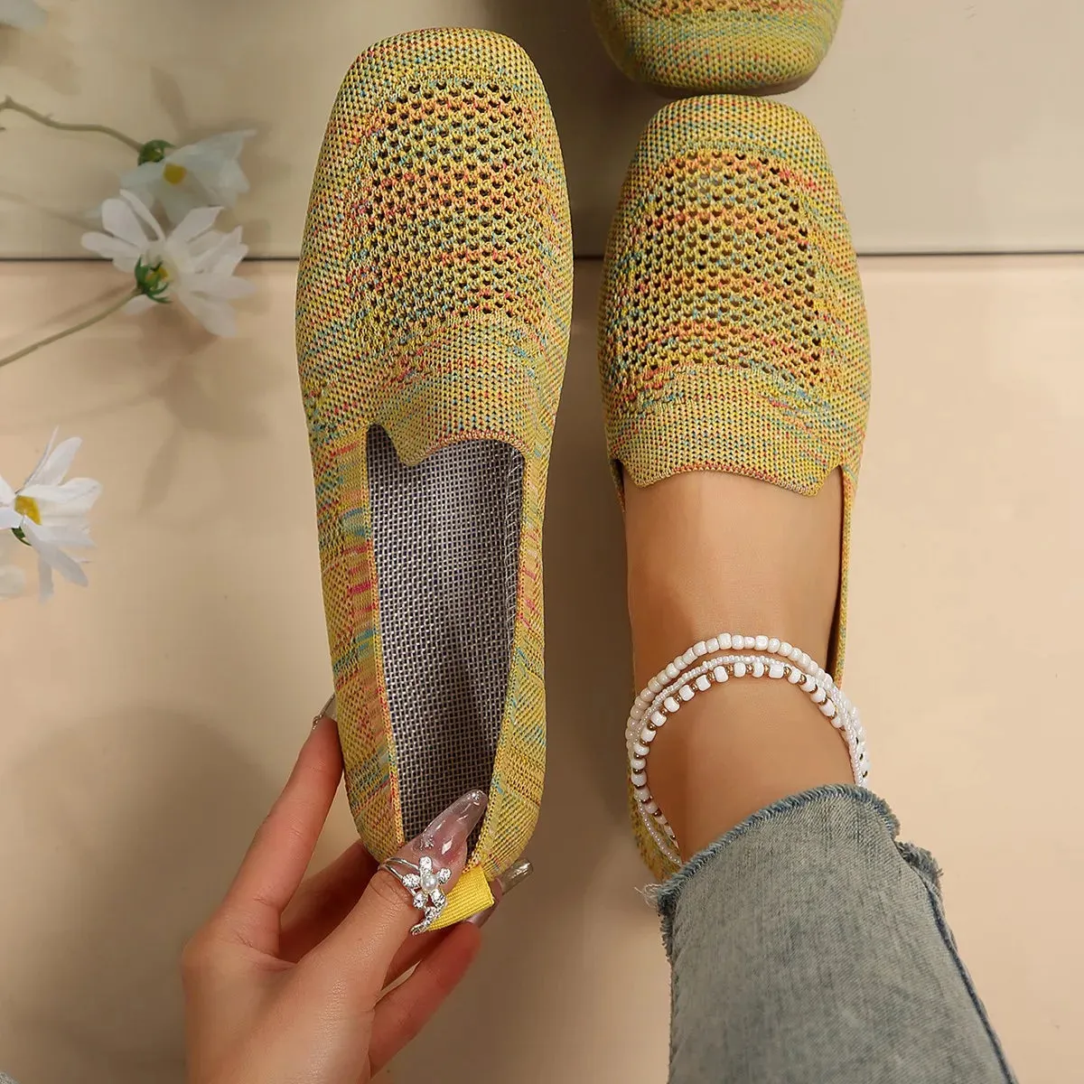Round Loafers Casual Impeccable and Knit Women's Sole Trackable Flat with Toe Slip-On