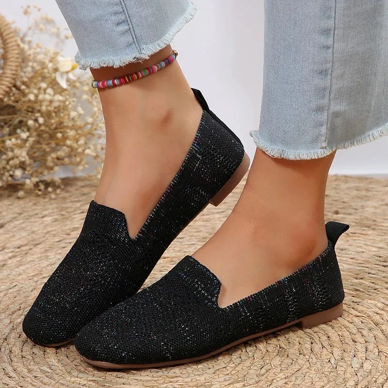 Round Loafers Casual Impeccable and Knit Women's Sole Trackable Flat with Toe Slip-On