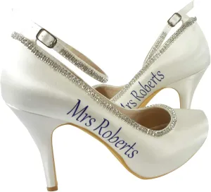 Royal Blue Mrs Last Name Satin Heels for Wedding Shoes