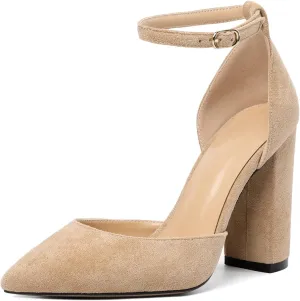 SAMMITOP Women's Chunky Block High Heels Strappy Closed Toe Ankle Strap Classic Pointed Toe D'Orsay Heel Dress Wedding Party Suede Heels Pumps Shoes