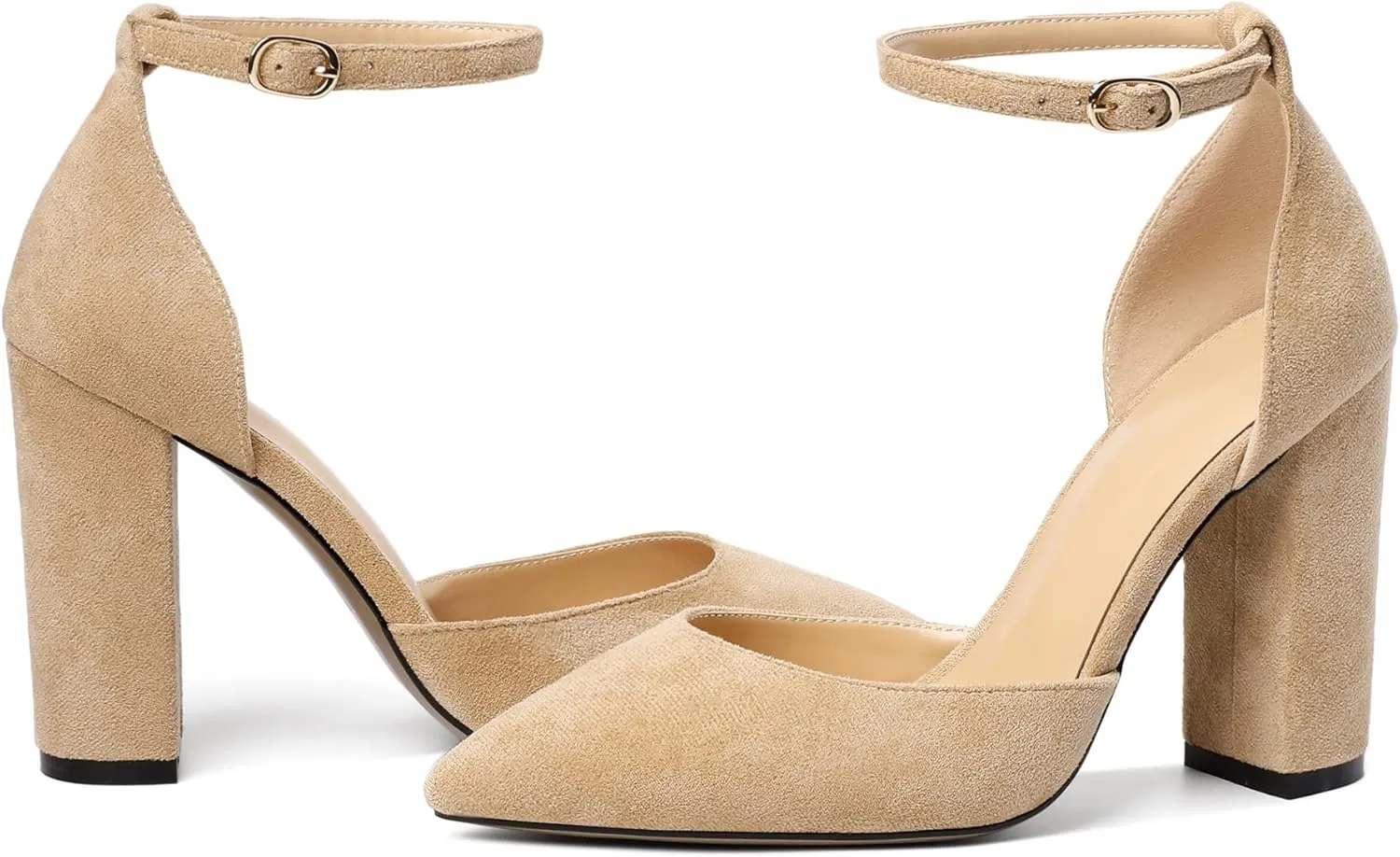 SAMMITOP Women's Chunky Block High Heels Strappy Closed Toe Ankle Strap Classic Pointed Toe D'Orsay Heel Dress Wedding Party Suede Heels Pumps Shoes