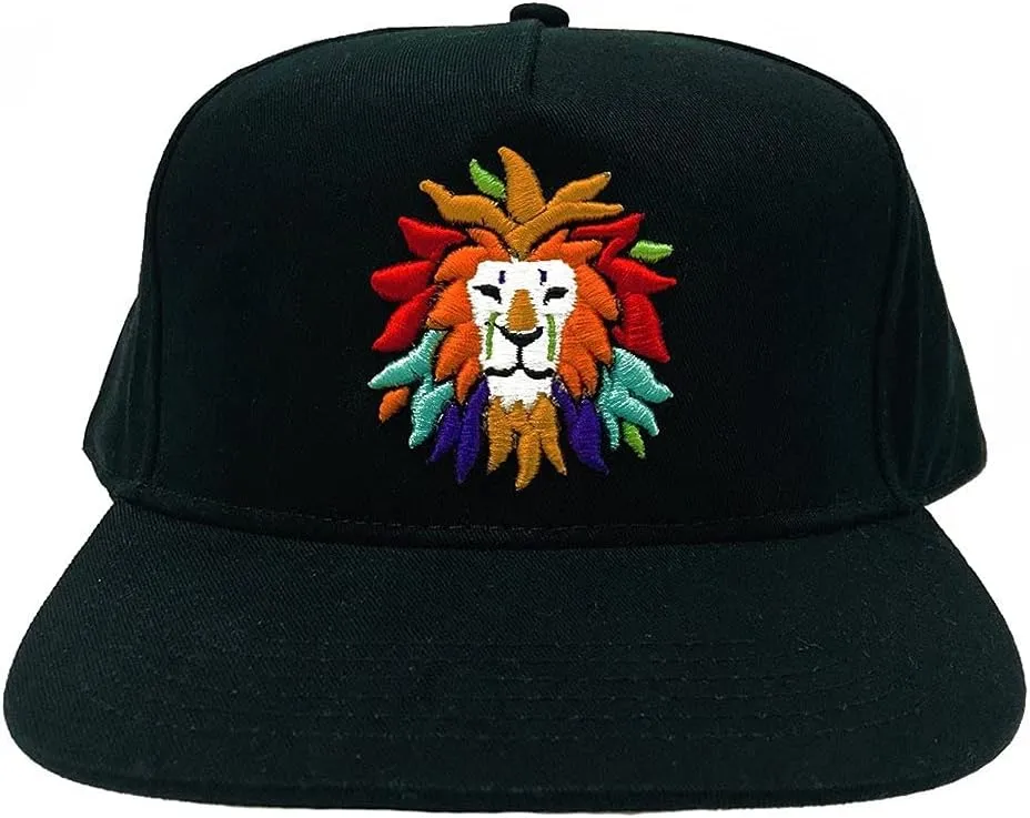 San Diego Zoo Colorful Lion Flat Brim Snapback Cap, Black Cotton Hat, Rainbow Lion Head Design, Fully Adjustable