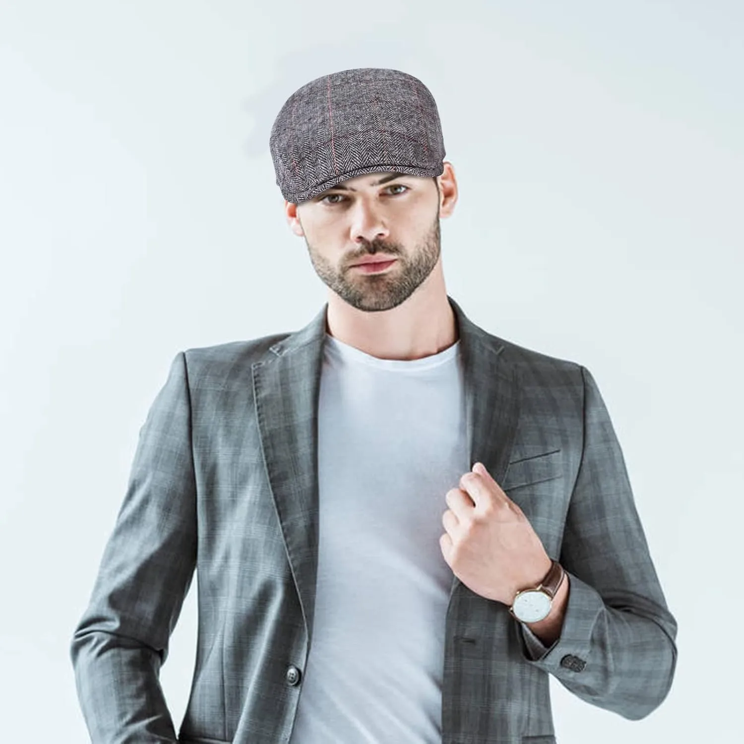 Senker Fashion 2 Pack Newsboy Cap for Men Adjustable Herringbone Tweed Wool Hats Blend Flat Cap Ivy Cabbie Driving Hat