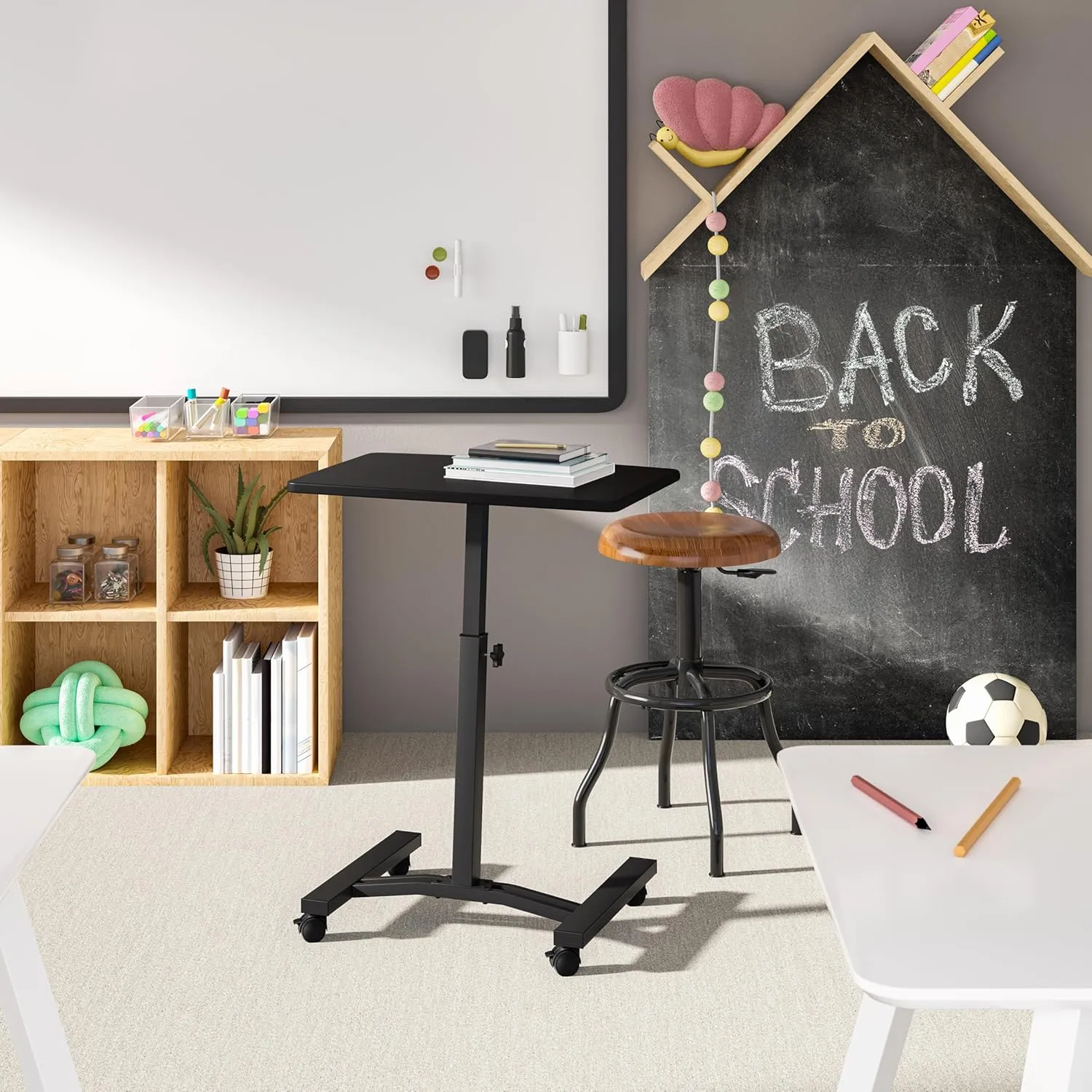 Seville Classics Airlift Mobile Height Adjustable Laptop Stand Computer Workstation for Sitting Classroom Home Office Medical Table w/Wheels, Flat Desk 24", Black
