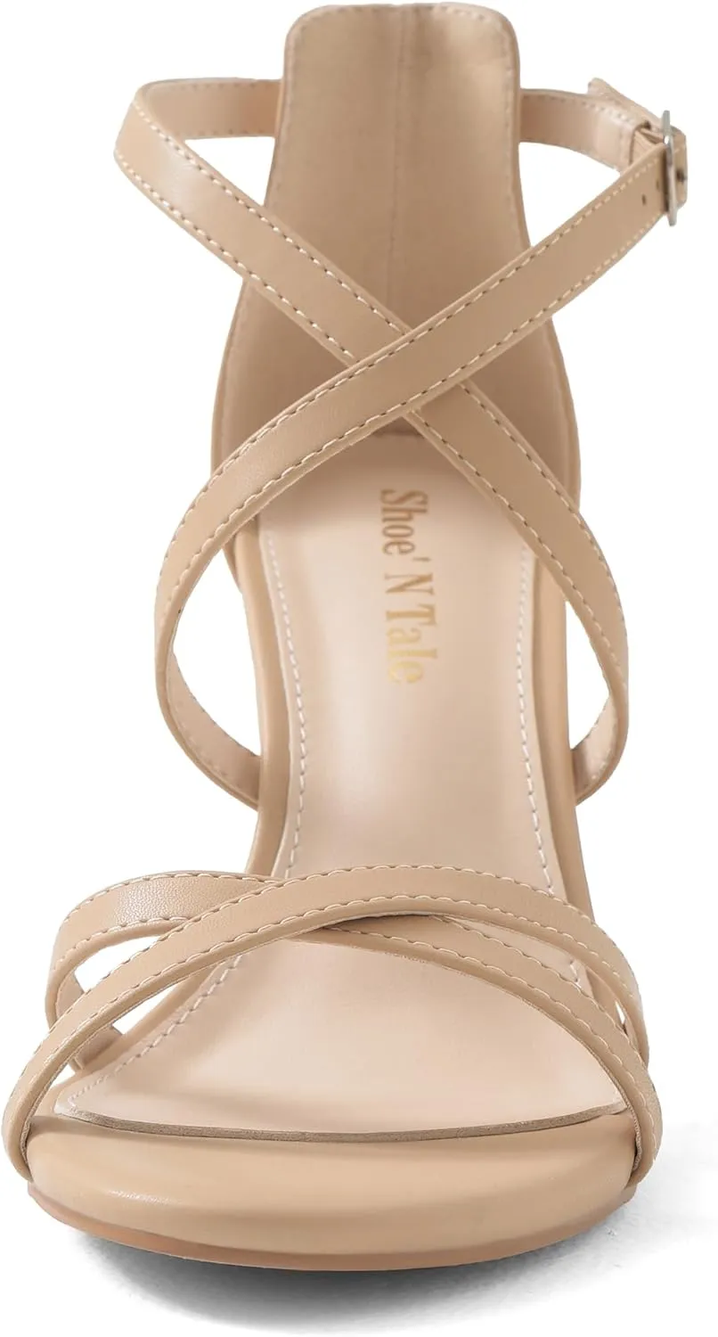 Shoe'N Tale Chunky Block High Strappy Heels for Women Pump Heeled Sandals Open Toe Ankle Strap Buckle Party Wedding Prom Dress Shoes