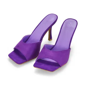Sia Stiletto High Heeled Slip on Square Toe Mule Sandals in Purple Faux Suede