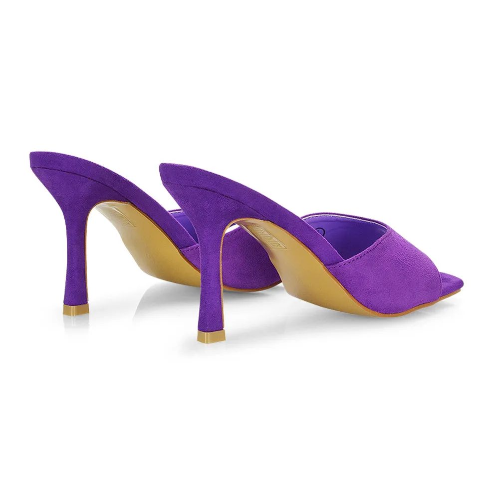 Sia Stiletto High Heeled Slip on Square Toe Mule Sandals in Purple Faux Suede