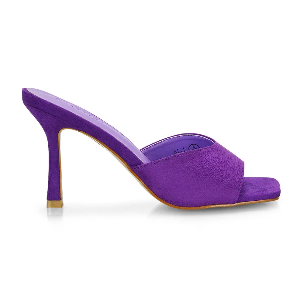 Sia Stiletto High Heeled Slip on Square Toe Mule Sandals in Purple Faux Suede