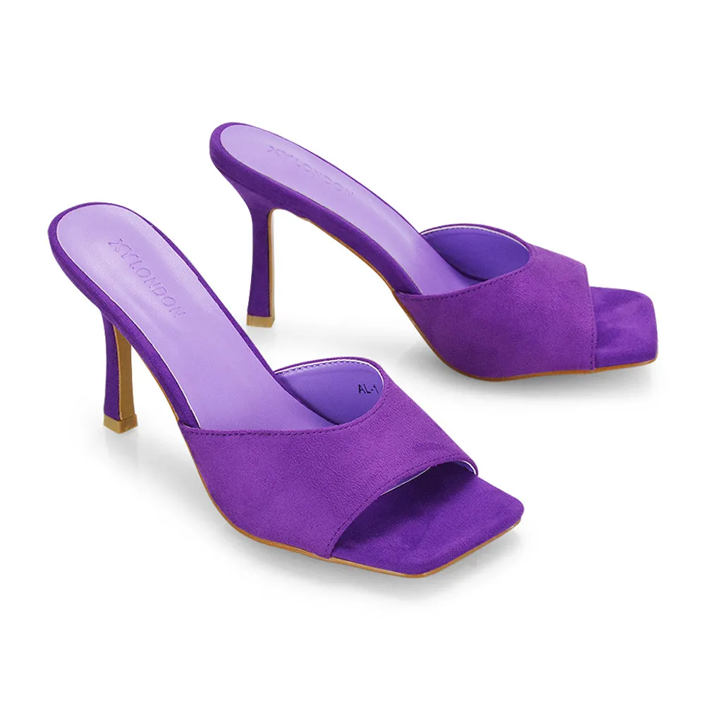Sia Stiletto High Heeled Slip on Square Toe Mule Sandals in Purple Faux Suede