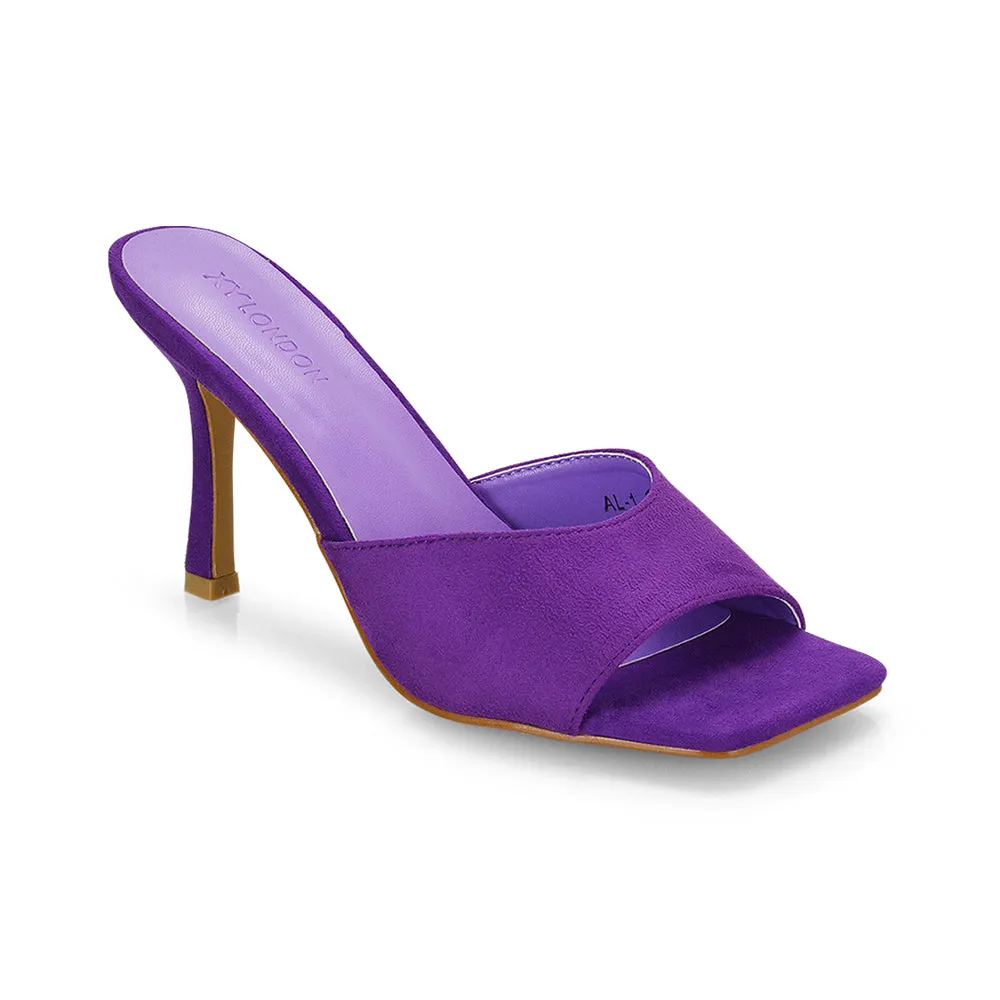 Sia Stiletto High Heeled Slip on Square Toe Mule Sandals in Purple Faux Suede