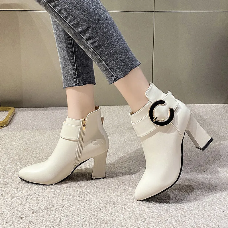 Side Zipper Single Boot Thick High Heel Shoes