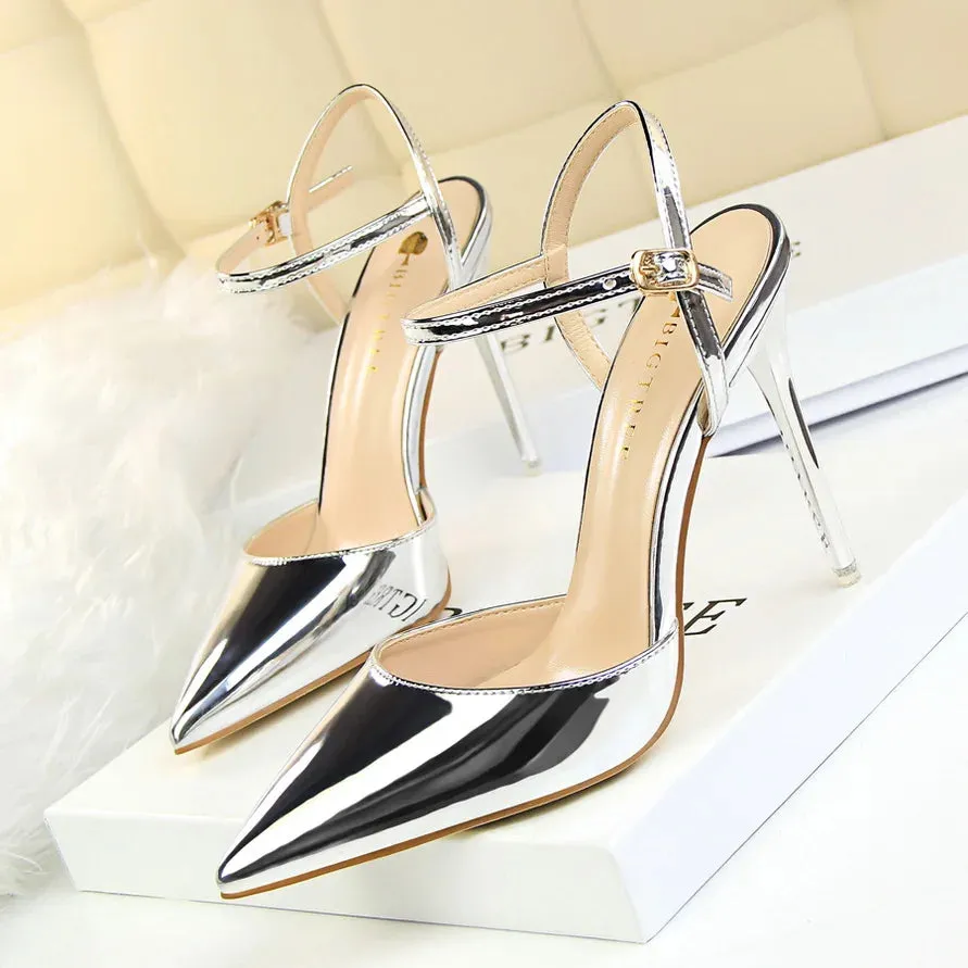 Silver and Shiny Sandal with Golden Buckle