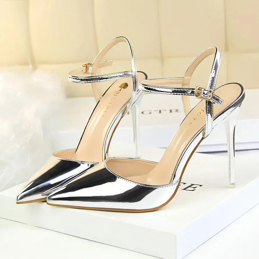 Silver and Shiny Sandal with Golden Buckle