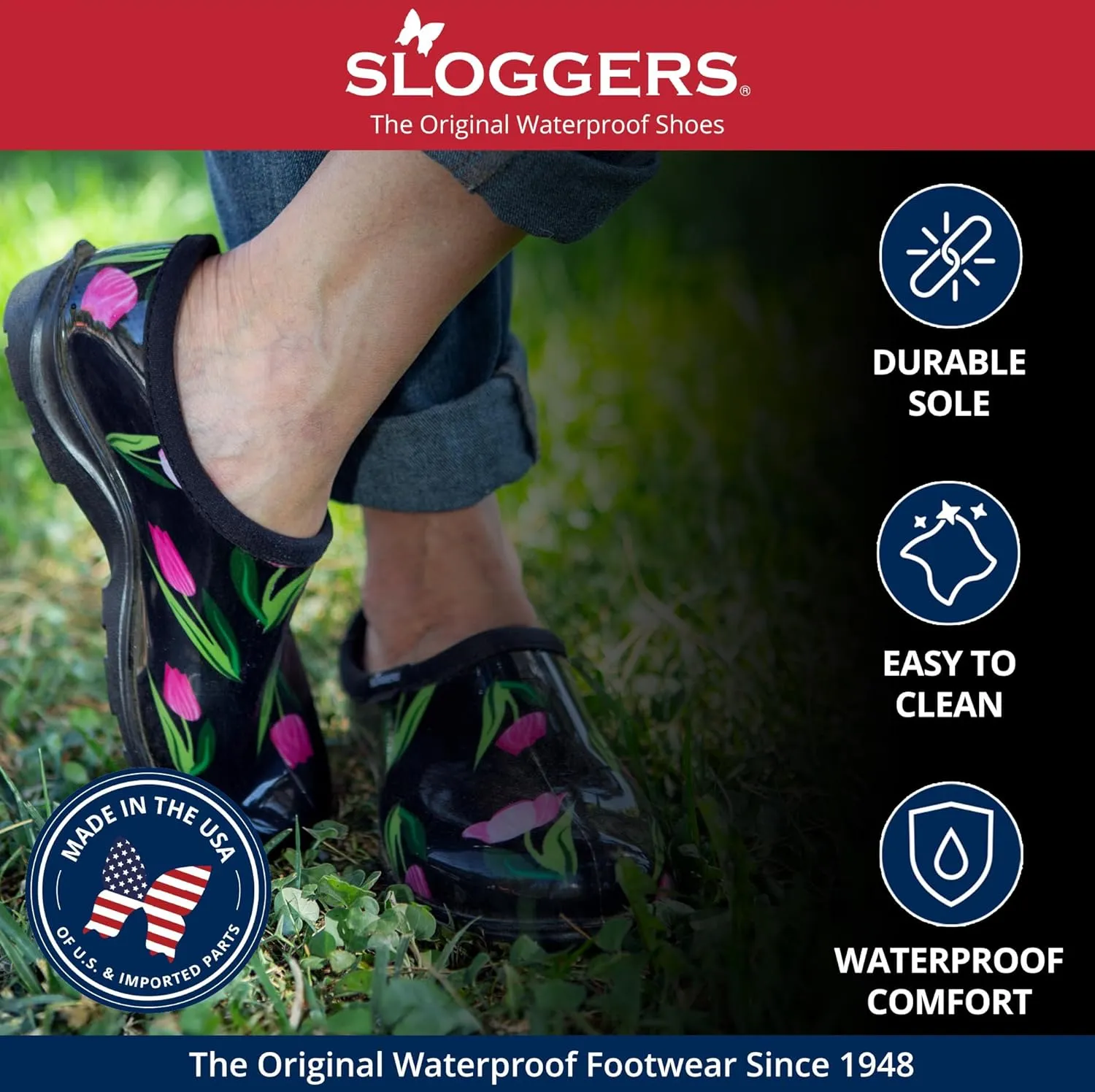 Sloggers Original Waterproof Rain and Garden Shoe for Women– Outdoor Slip-On Garden Clog - Made in The USA with Premium Comfort Insole and Arch Support - Flower Power, Size 8