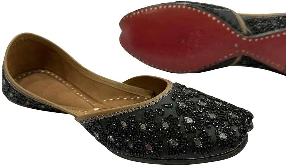 Stop n Style Flat Punjabi Juti for Women Designer Mojaris Ballerina Ethnic Handmade Black Shoes