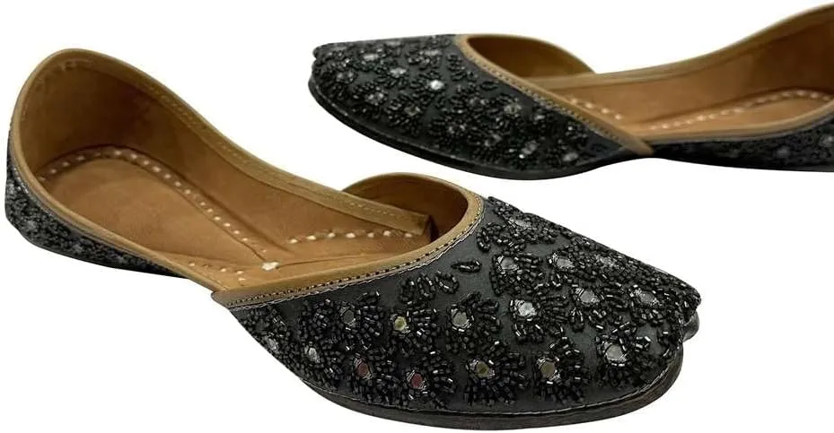 Stop n Style Flat Punjabi Juti for Women Designer Mojaris Ballerina Ethnic Handmade Black Shoes